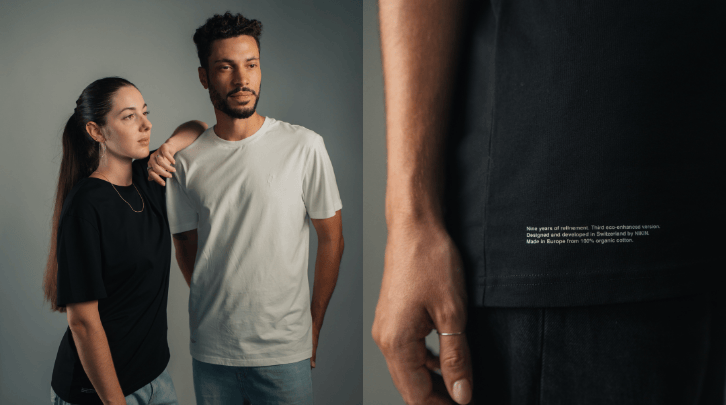 Zwei Models tragen links ein weisses und schwarzes TreeShirt Evolve, rechts ist eine Nahaufnahme des schwarzen Shirts.