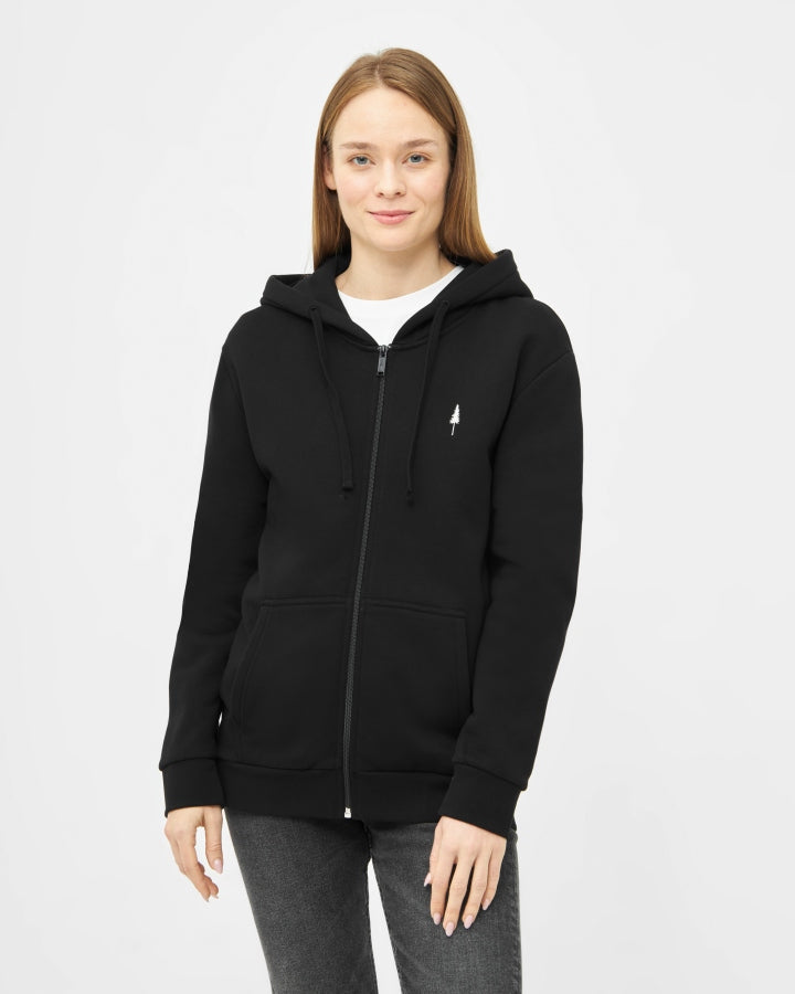NIKIN Veste TreeHoodie, lot de 3, pour femme, à fermeture éclair, noire, avec poches avant, sur fond blanc.