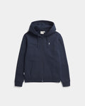 NIKIN TreeHoodie-Jacke Dunkelblau, Bio-Baumwolle GOTS-zertifiziert, Vordertaschen, weißes Brustlogo.