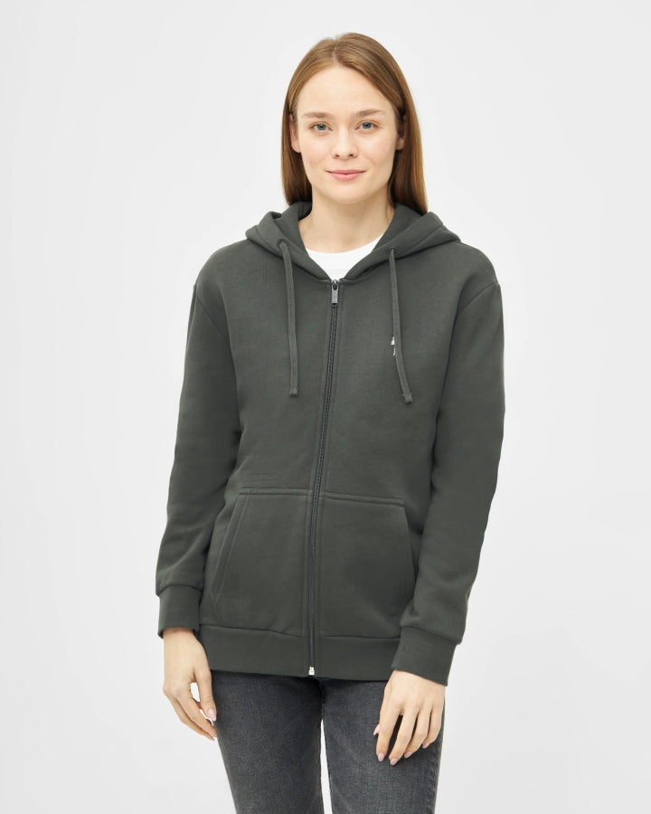 NIKIN Lot de 3 vestes TreeHoodie pour femme, vert foncé, avec un jean gris sur fond blanc.
