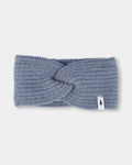 NIKIN TreeHeadband Stirnband Strick Twist, kuschelig, Farbe Stahlblau, vorderer Twist, kleines Etikett mit Baum-Icon.