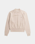 The Women's Cosy Knit TreePullover in beige is laid flat on a white background, showing ribbed cuffs, hem, collar, and a small embroidered tree logo on the left chest.