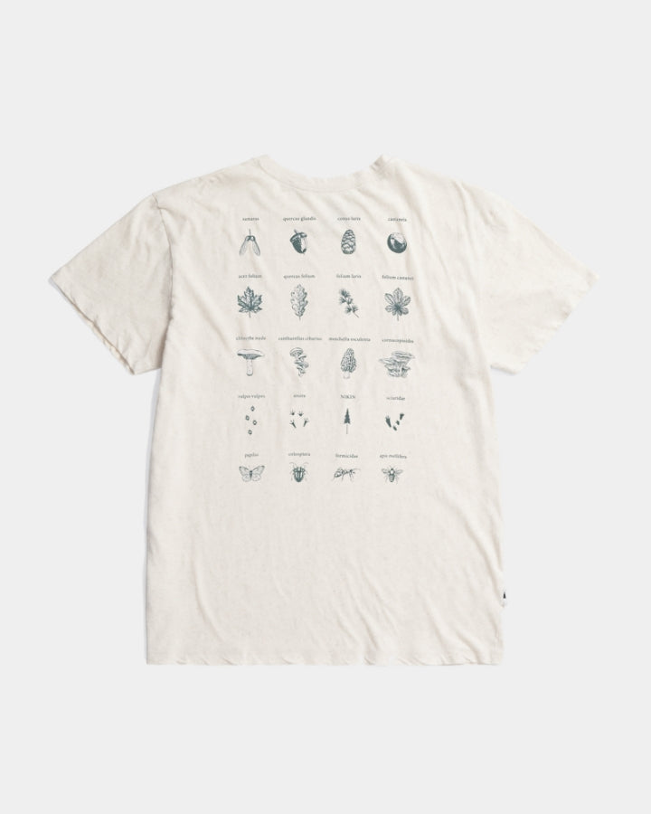 The Nature Nomad TreeShirt in off-white, shown flat with a grid of detailed botanical and nature illustrations plus labels on the back. Its plain white background makes it ideal for any Nature Nomad.