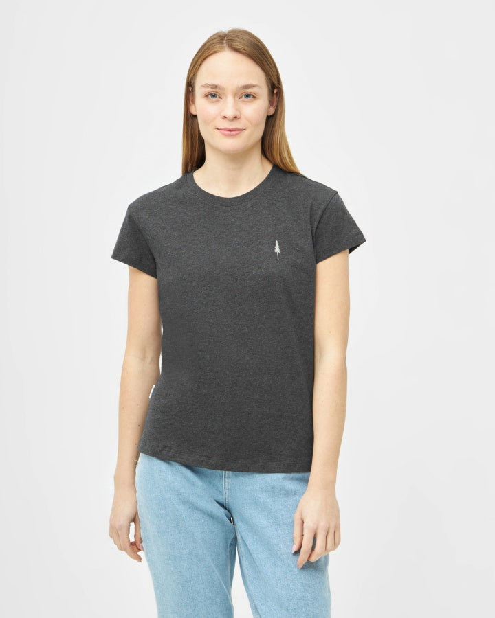 NIKIN TreeShirt Women Black Mel T-Shirt, Damen T-Shirt, schwarz, mit kurzen Ärmeln, legerer Schnitt vor weissem Hintergrund.