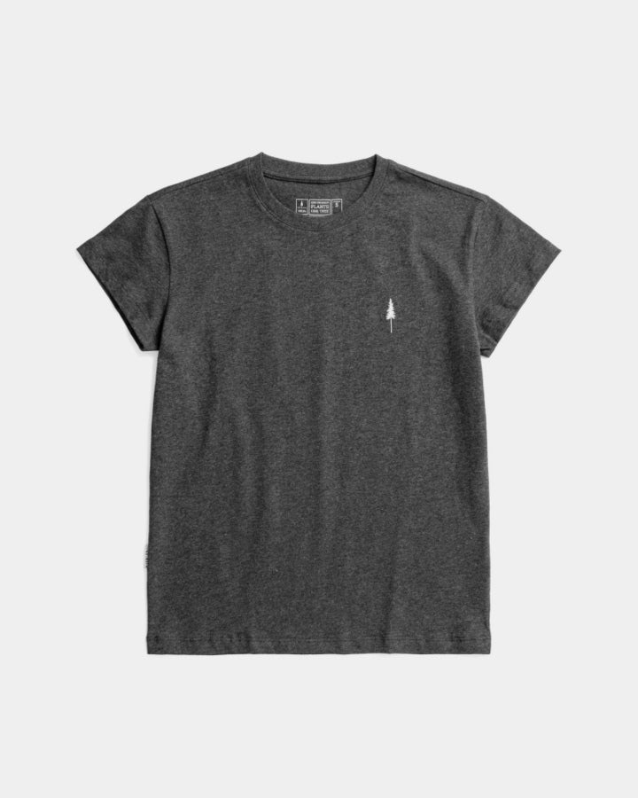 NIKIN TreeShirt Damen T-Shirt Schwarz Meliert mit kleinem weissen Baum-Logo auf der linken Brust.
