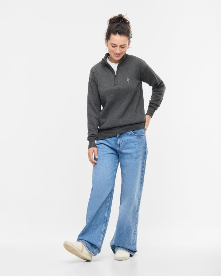 TreePullover en maille col zippé Anthracite Mel