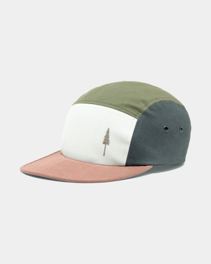 NIKIN TreeCap 5 Panel Cap, Colorblock Design, Bio-Baumwolle, Grün Weiß Grau Pink, Baumstickerei vorne.