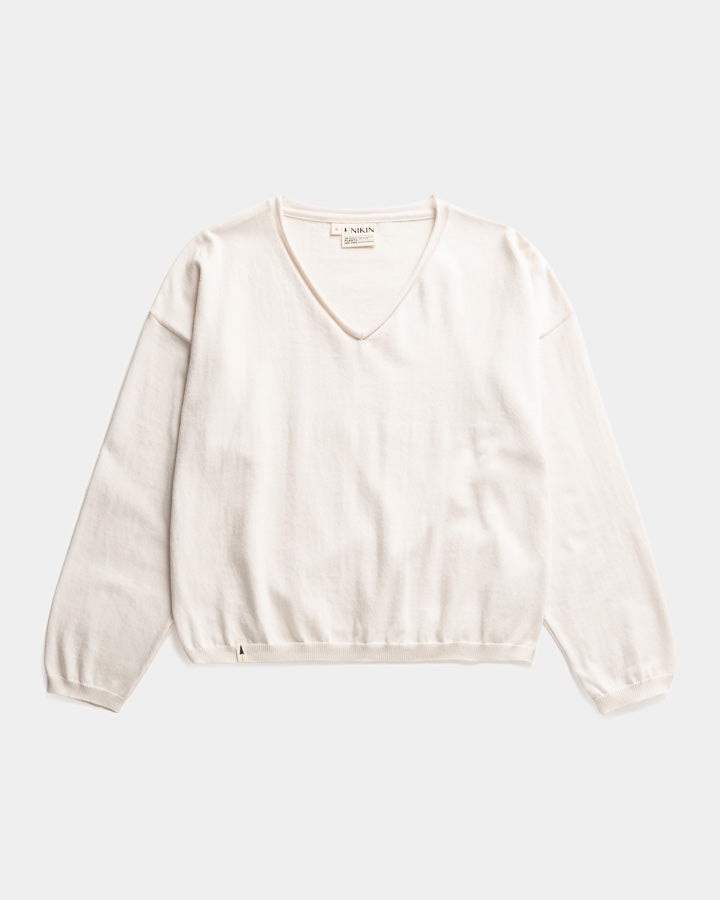 NIKIN TreePullover Damen Strickpullover V-Ausschnitt oversize, langarm, Farbe Faded Pearl Weiss.