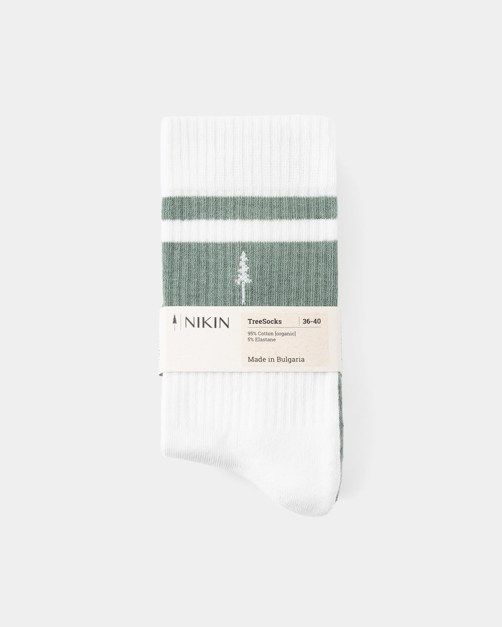 NIKIN TreeSocks 2er-Pack Socken, gerippt, türkis-cremefarben gestreift, gefaltet, mit Baumlogo und Nikin-Etikett.