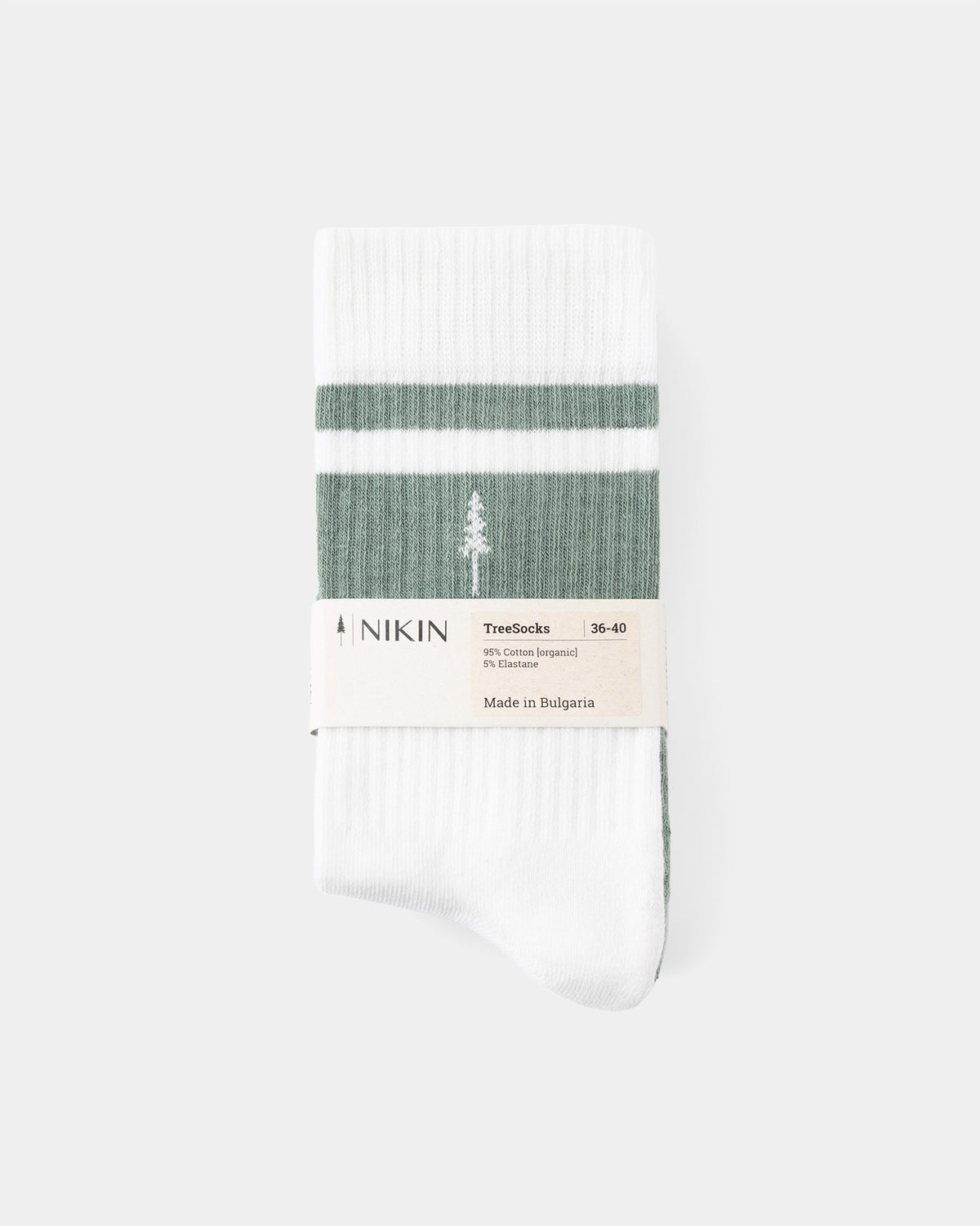 NIKIN TreeSocks 2er-Pack Socken, gerippt, türkis-cremefarben gestreift, gefaltet, mit Baumlogo und Nikin-Etikett.