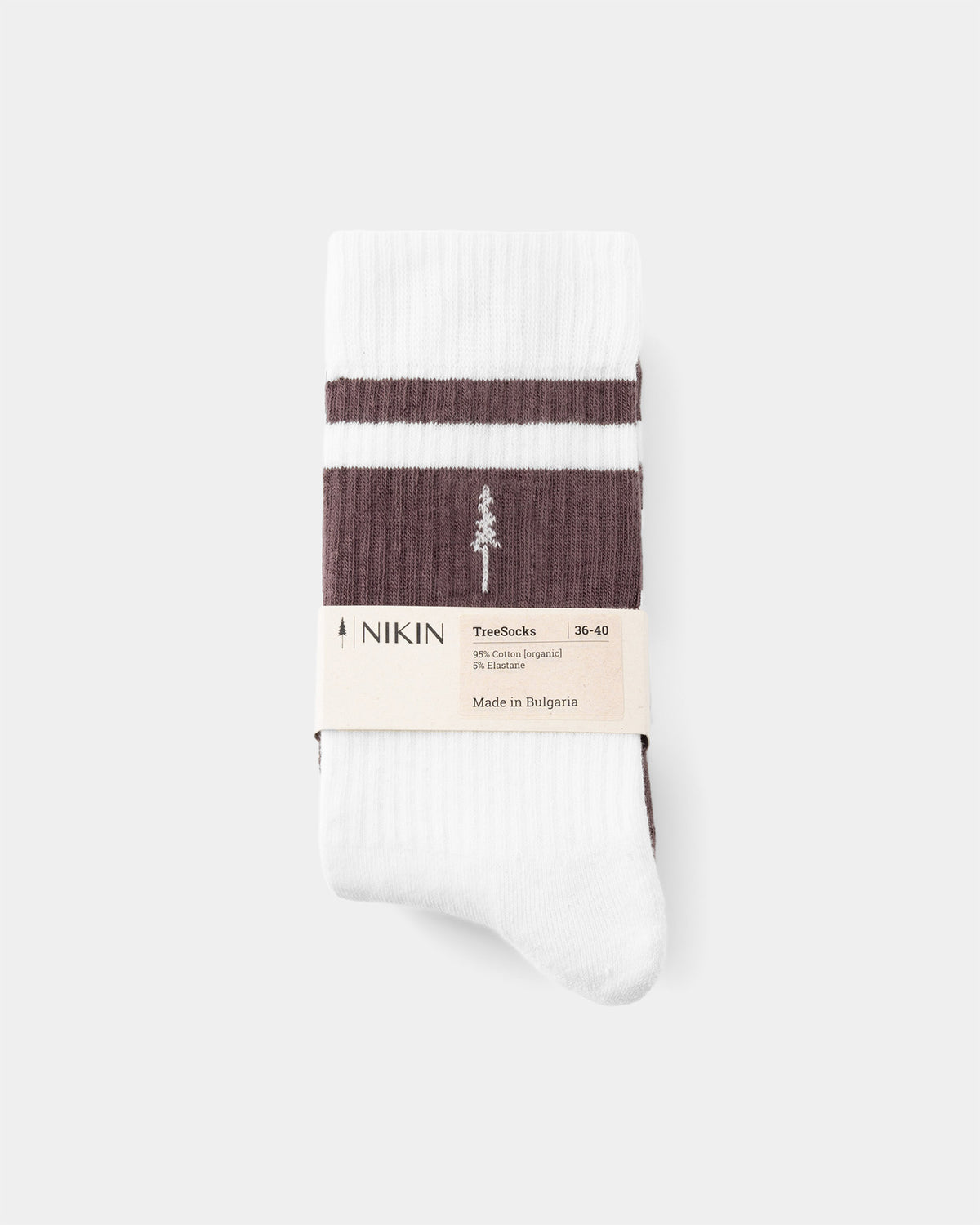 NIKIN TreeSocks Socken, 2er-Pack, gerippt, gestreift, Farbe Cocoa-Off White, Baum-Motiv, Bio-Baumwolle, Größe 36–40.