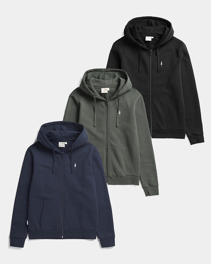 NIKIN Lot de 3 vestes TreeHoodie, sweats à capuche zippés pour homme, bleu marine, olive et noir, petit logo blanc sur la poitrine.