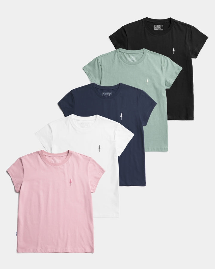 NIKIN TreeShirt Women 5er-Pack Damen T-Shirts, Bio-Baumwolle, verschiedene Farben, kleines gesticktes Logo.