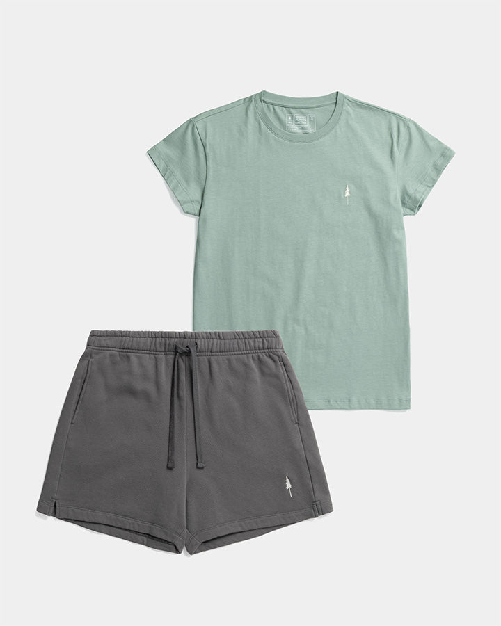 NIKIN TreeShirt & TreeShorts Damen Jogging Set, Salbeigrün und Holzkohle, weiße Baum-Logos, Sweat-Stoff.